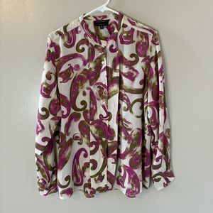 FoxCroft Fitted Long Sleeve Blouse Purple Green Paisley Button Up Top Si…
